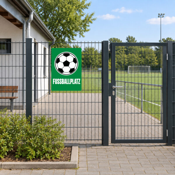 KI-generiertes Anwendungsbeispiel: Fußballplatz Aufkleber mit Ballmotiv im Hochformat am passenden Einsatzort.