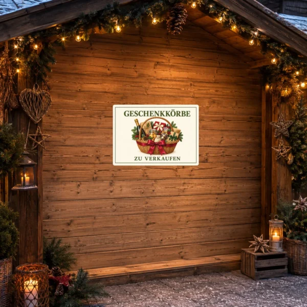 KI-generiertes Anwendungsbeispiel: Aufkleber mit Geschenkkorb und dem Text Geschenkkörbe zu verkaufen auf heller Verkaufsfläche.