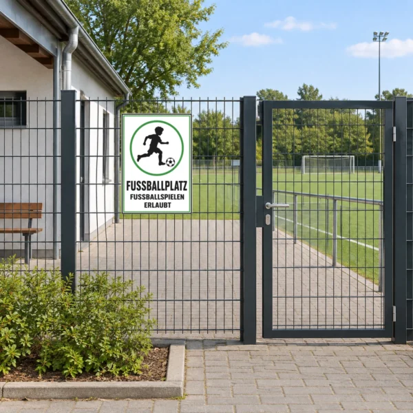 KI-generiertes Anwendungsbeispiel: Fussballplatz Aufkleber Fussballspielen erlaubt auf grauer Oberfläche im Hochformat.