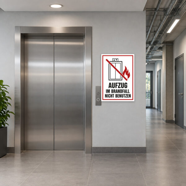 KI-generiertes Anwendungsbeispiel: Aufzug im Brandfall nicht benutzen Schild als gut sichtbarer Hinweis im Flur neben dem Fahrstuhl.