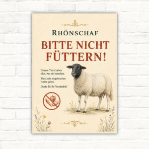 Bedrucktes Schild mit Rhönschaf und dem Text „Bitte nicht füttern!“ als Hinweisschild für Hof und Weide.