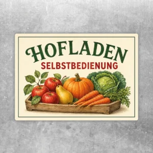 Hofladen Selbstbedienung Aufkleber mit Obst, Gemüse und Holzsteige in grünen und roten Farben.