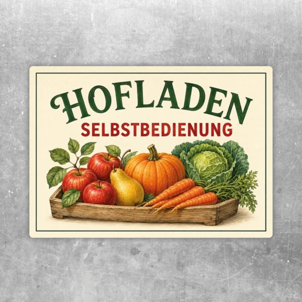 Hofladen Selbstbedienung Aufkleber mit Obst, Gemüse und Holzsteige in grünen und roten Farben.