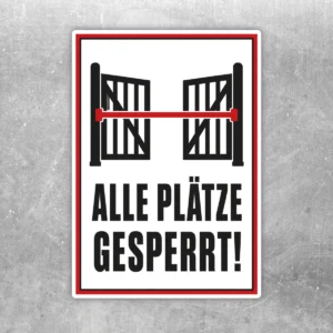 Alle Plätze gesperrt Aufkleber im Hochformat mit Tor-Symbol, roter Sperrstange und kräftiger schwarzer Schrift.