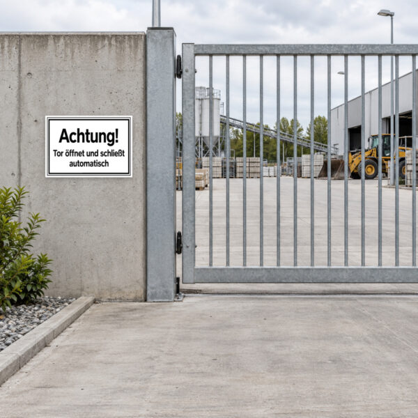 KI-generiertes Anwendungsbeispiel: Warnschild „Achtung! Tor öffnet und schließt automatisch“ an einer Zufahrt.