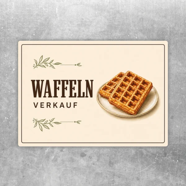 Waffeln Verkauf Aufkleber mit zwei goldbraunen Waffeln auf Teller, beige-brauner Hintergrund und grüne Zierelemente.