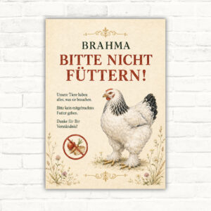 Brahma-Huhn-Schild mit dem Text „BITTE NICHT FÜTTERN!“ und Hinweis auf das mitgebrachte Futter.
