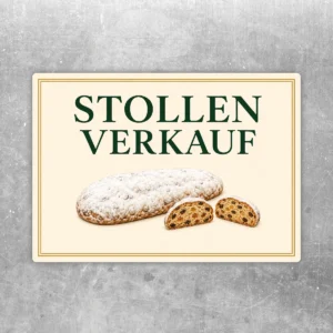 Stollen Verkaufsschild Aufkleber mit cremefarbenem Rand, grünem Schriftzug und Stollenmotiv für Bäckerei und Konditorei.