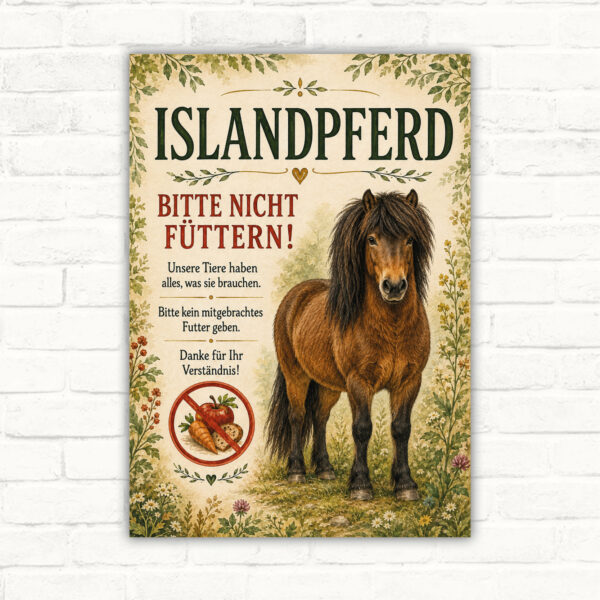 Islandpferd bitte nicht füttern Schild mit braunem Pferd, Pflanzenrand und klarer Warnschrift als Hinweisschild.