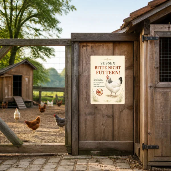 KI-generiertes Anwendungsbeispiel: Bedruckter Aufkleber mit Huhn und Bitte-nicht-füttern-Hinweis am Geflügelstall.