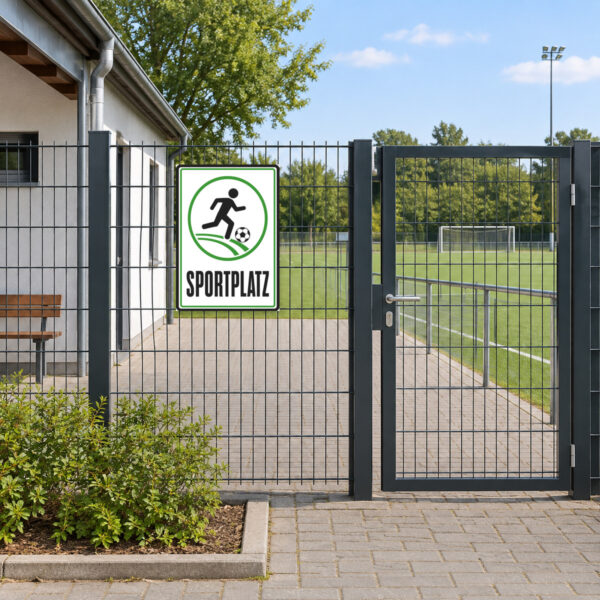 KI-generiertes Anwendungsbeispiel: Sportplatz Schild mit Fußballmotiv und Wortlaut SPORTPLATZ an einer hellen Wand.