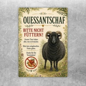 Bedruckter Aufkleber mit Ouessantschaf und dem Hinweis Bitte nicht füttern in grün-roter Landwirtschaftsoptik.