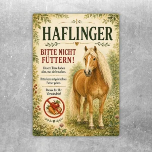 Haflinger Bitte nicht füttern Aufkleber mit Pferdemotiv und rotem Hinweis für Stall, Weide und Hofeingang.