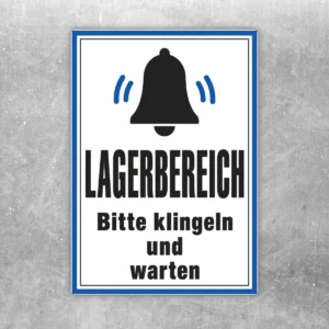 Lagerbereich bitte klingeln und warten Aufkleber im Hochformat mit Glockensymbol, blauem Rahmen und schwarzer Schrift.