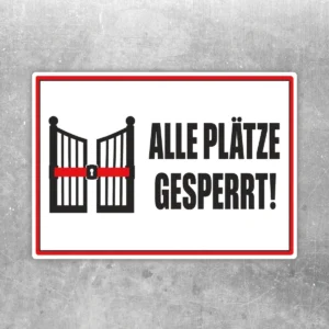 Alle Plätze gesperrt Aufkleber im Querformat mit Tor-Symbol, rotem Sperrbalken und schwarzem Warntext.