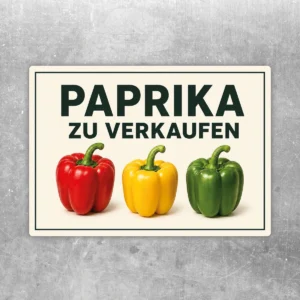 Paprika zu verkaufen Aufkleber mit drei bunten Paprikaschoten in Rot, Gelb und Grün auf hellem Hintergrund.