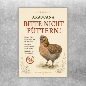 Aufkleber mit Araucana-Huhn und dem Hinweis „Bitte nicht füttern“ für Stall, Tor oder Hofeingang.