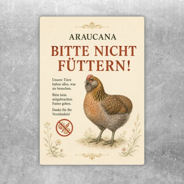 Aufkleber mit Araucana-Huhn und dem Hinweis „Bitte nicht füttern“ für Stall, Tor oder Hofeingang.