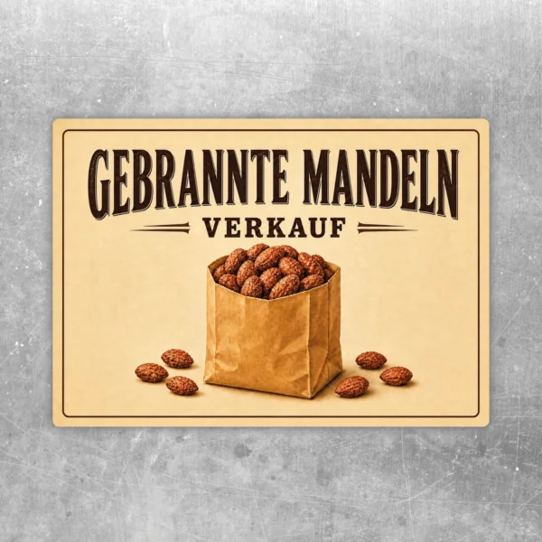 Gebrannte Mandeln Verkauf Aufkleber mit Tüte voller karamellisierter Mandeln in warmen Beige- und Brauntönen.