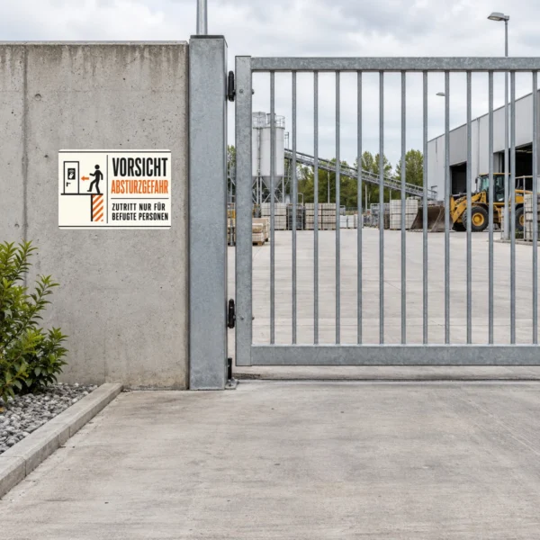 KI-generiertes Anwendungsbeispiel: Vorsicht Absturzgefahr Aufkleber an grauer Fläche mit Piktogramm und orangefarbenem Warntext.