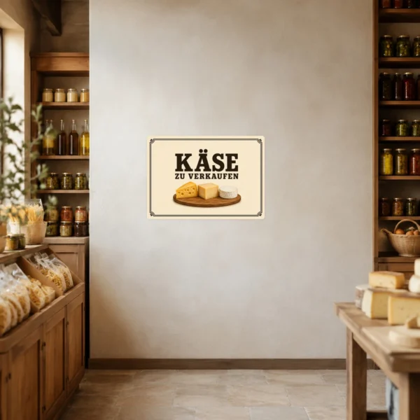 KI-generiertes Anwendungsbeispiel: Käse zu verkaufen Aufkleber im Querformat auf einer Verkaufsfläche mit rustikaler Käsepräsentation.