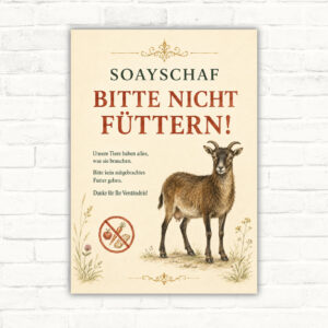 Schild mit Soayschaf und dem Text Bitte nicht füttern für Tiergehege und Hofbereiche.