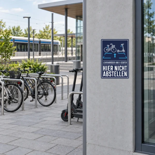 KI-generiertes Anwendungsbeispiel: Aufkleber Leihfahrräder und E-Scooter hier nicht abstellen auf grauem Untergrund.