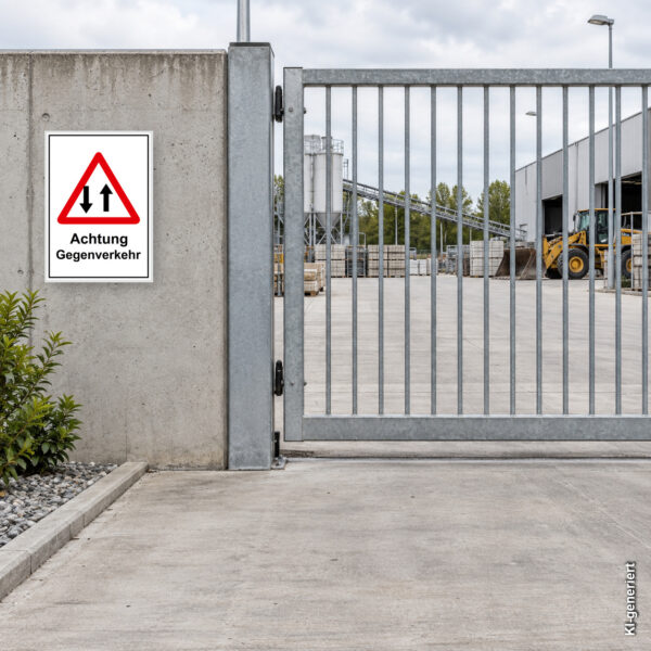 KI-generiertes Anwendungsbeispiel: Warnschild „Achtung Gegenverkehr“ als hochformatiges Schild mit rotem Dreieck und schwarzem Text an einer Zufahrt.