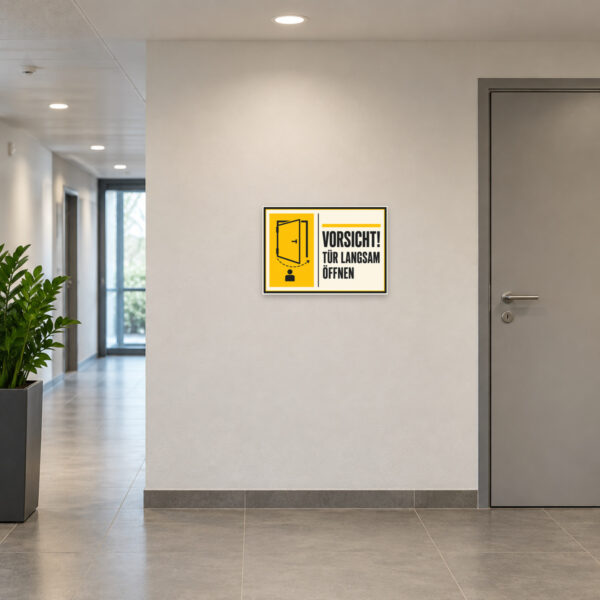 KI-generiertes Anwendungsbeispiel: Warnschild mit Türsymbol und Text „VORSICHT! TÜR LANGSAM ÖFFNEN“ als Aluminium-Verbundschild an einer Innentür.