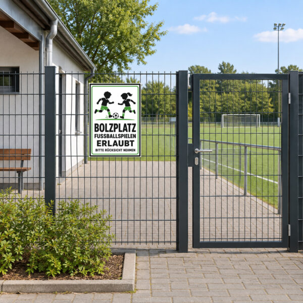 KI-generiertes Anwendungsbeispiel: Bolzplatz-Schild mit spielenden Kindern, Fußball und dem Text „Fussballspielen erlaubt, bitte Rücksicht nehmen“.