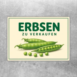 Erbsen zu verkaufen Aufkleber mit grünem Schriftzug und Erbsenmotiv auf beigem Hintergrund im Querformat.