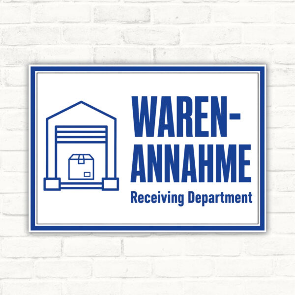 Warenannahme Schild mit blauem Motiv und Schriftzug Receiving Department als Hinweisschild für Lager und Anlieferung.