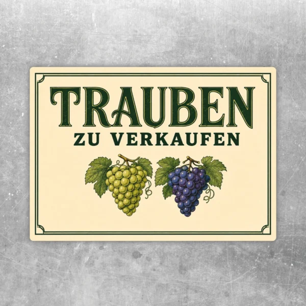 Vintage Trauben zu verkaufen Aufkleber mit cremefarbenem Hintergrund, grüner Schrift und zwei Traubenillustrationen in Gelb und Lila.