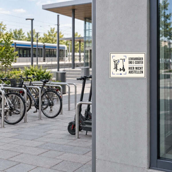 KI-generiertes Anwendungsbeispiel: Querformat-Schild mit Leihfahrrädern und E-Scooter – „Hier nicht abstellen“.