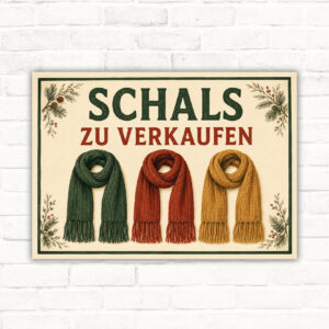 Schild mit dem Text „SCHALS ZU VERKAUFEN“ und drei bunten Schals als Verkaufsschild im Querformat.