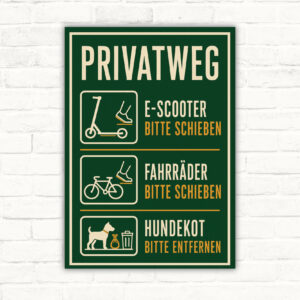 Privatweg Schild E-Scooter und Fahrräder schieben Hundekot entfernen mit gut lesbarem Motiv und klarer Beschriftung als bedrucktes Schild aus Aluminium-Verbundplatte.