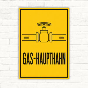 Gelbes Gas-Haupthahn Schild mit Ventil-Symbol und schwarzem Text auf Aluminium-Verbundplatte.