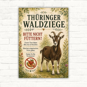 Thüringer Waldziege bitte nicht füttern Schild mit Ziege, Naturmotiv und klar lesbarem Hinweistext.