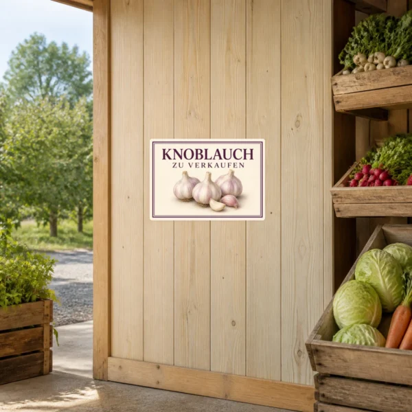 KI-generiertes Anwendungsbeispiel: Knoblauch zu verkaufen Aufkleber mit Knoblauchmotiv, violetter Schrift und cremefarbenem Hintergrund am Verkaufsstand.