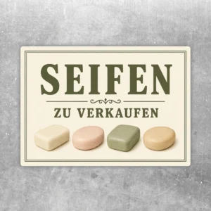 Seifen zu verkaufen Aufkleber im Querformat mit cremefarbener Fläche, olivgrüner Schrift und vier Seifenmotiven.
