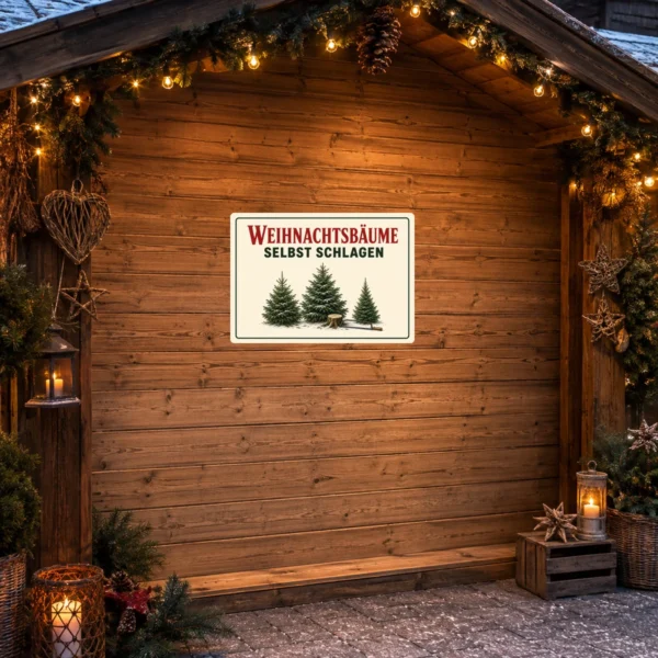 KI-generiertes Anwendungsbeispiel: Weihnachtsbäume selbst schlagen Aufkleber auf einer Verkaufsfläche mit Tannenmotiv und gut lesbarem Text.