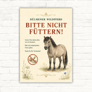 Dülmener Wildpferd Bitte nicht füttern Schild mit gut lesbarem Motiv und klarer Beschriftung als bedrucktes Schild aus Aluminium-Verbundplatte.