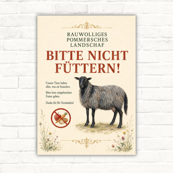 Bitte nicht füttern Schild mit rauwolligem Pommerschem Landschaf, rotem Hinweistext und Schafmotiv als Landwirtschaftsschild.