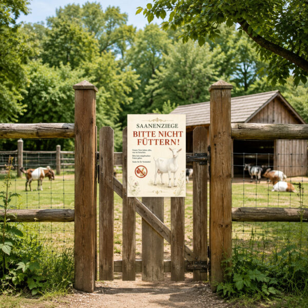 KI-generiertes Anwendungsbeispiel: Saanenziege bitte nicht füttern Schild mit weißer Ziege, Hinweistext und Verbotssymbol am Hof.