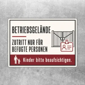Aufkleber Betriebsgelände Zutritt nur für Befugte Personen mit rotem Hinweis Kinder bitte beaufsichtigen im Querformat.