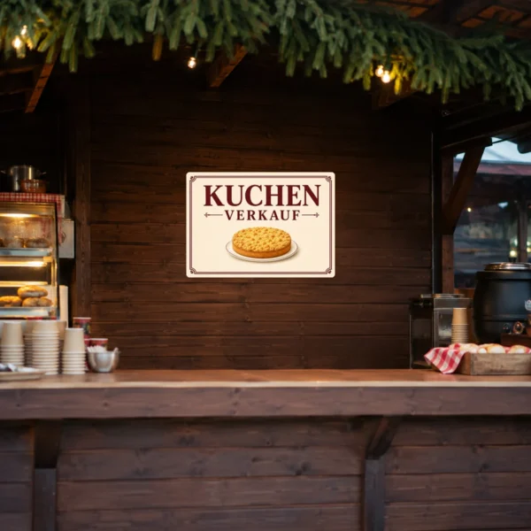 KI-generiertes Anwendungsbeispiel: Kuchen Verkauf Aufkleber an einer Vitrine mit cremefarbenem Hintergrund und klassischer Marktoptik.