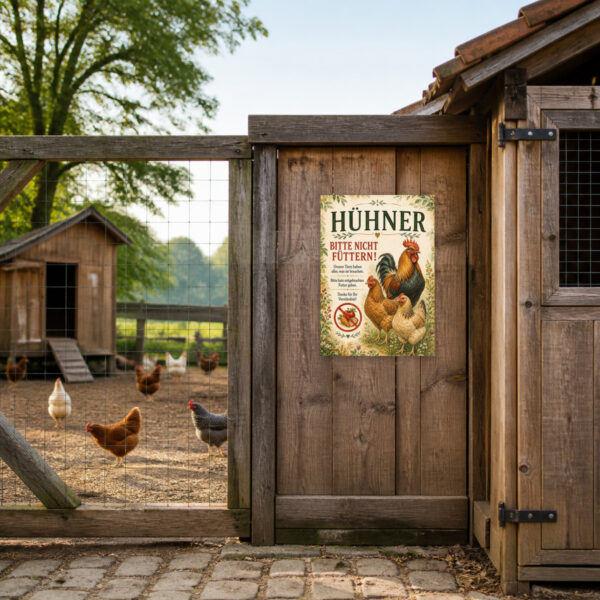 KI-generiertes Anwendungsbeispiel: Hühner bitte nicht füttern Schild mit Hühner-Motiv für Zaun, Stall oder Hofeingang.