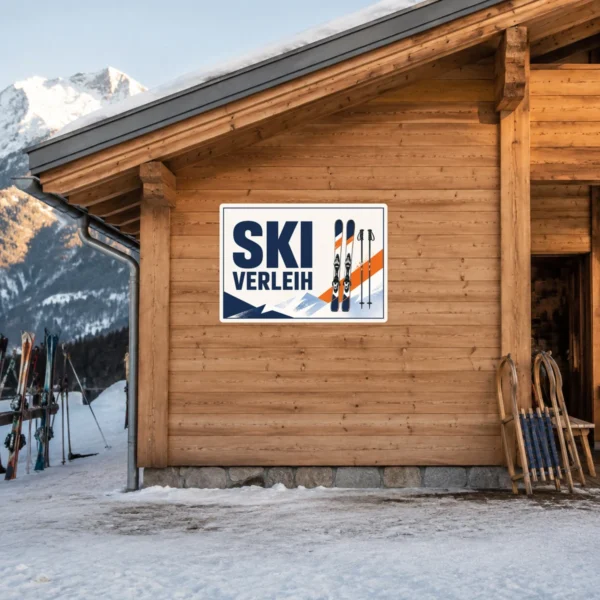 KI-generiertes Anwendungsbeispiel: Ski Verleih Aufkleber in Blau, Orange und Weiß als horizontaler Verkaufsaufkleber für Winterservice-Bereiche.