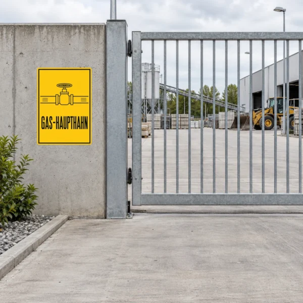 KI-generiertes Anwendungsbeispiel: Gas-Haupthahn Aufkleber in Gelb-Schwarz auf grauem Untergrund nahe einer technischen Absperrstelle.