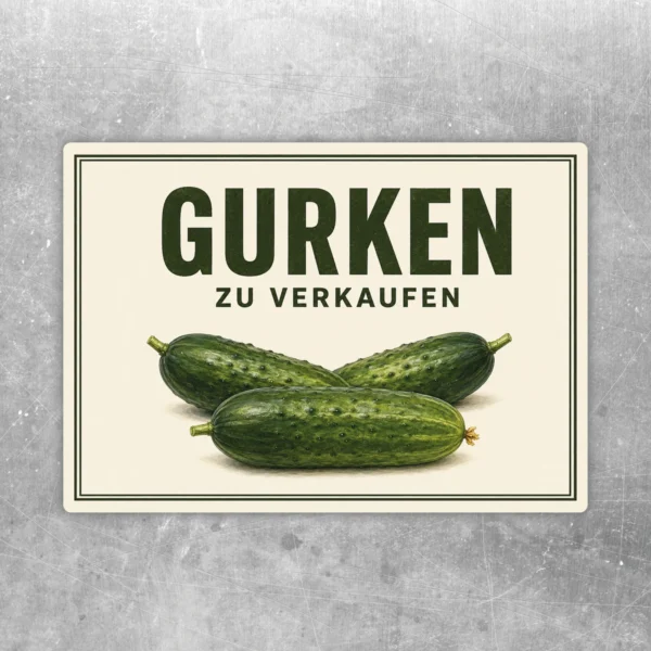 Gurken zu verkaufen Aufkleber im Querformat mit grünem Gurkenmotiv und natürlicher Hofladen-Optik.